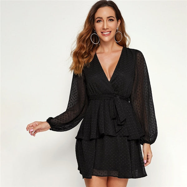 Purple Deep V Neck Double Layer Hem Swiss Dot Dress Women Autumn Bishop Sleeve Sexy Ladies Belted Short Dresses | Vimost Shop.