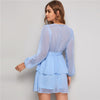 Purple Deep V Neck Double Layer Hem Swiss Dot Dress Women Autumn Bishop Sleeve Sexy Ladies Belted Short Dresses | Vimost Shop.