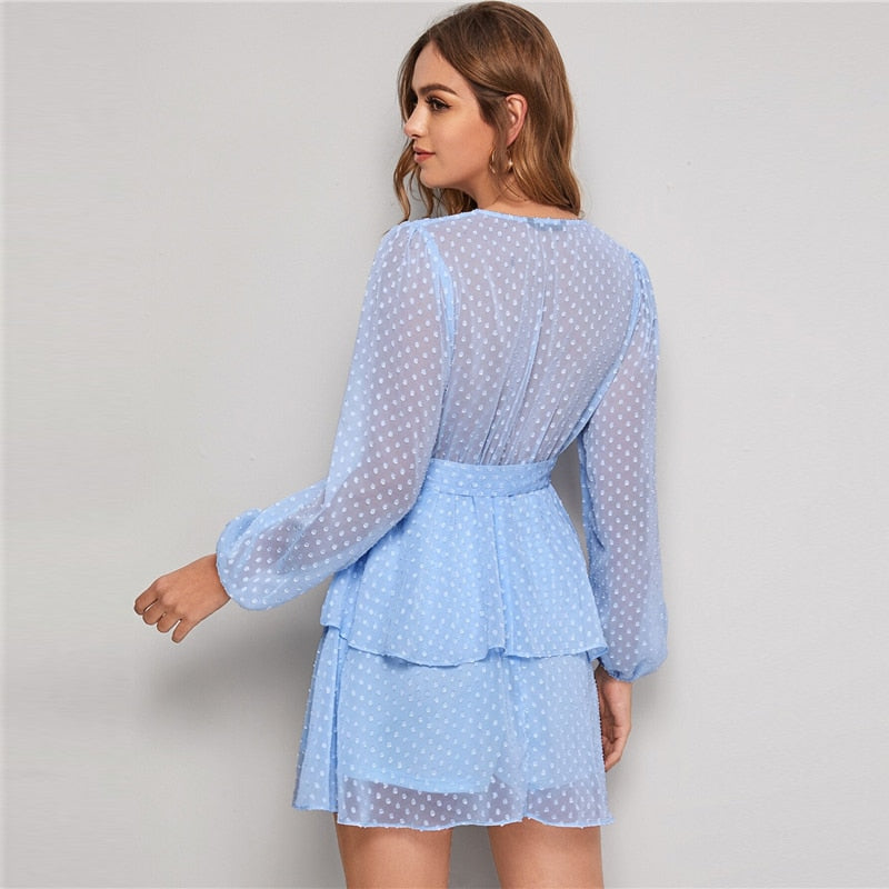 Purple Deep V Neck Double Layer Hem Swiss Dot Dress Women Autumn Bishop Sleeve Sexy Ladies Belted Short Dresses | Vimost Shop.