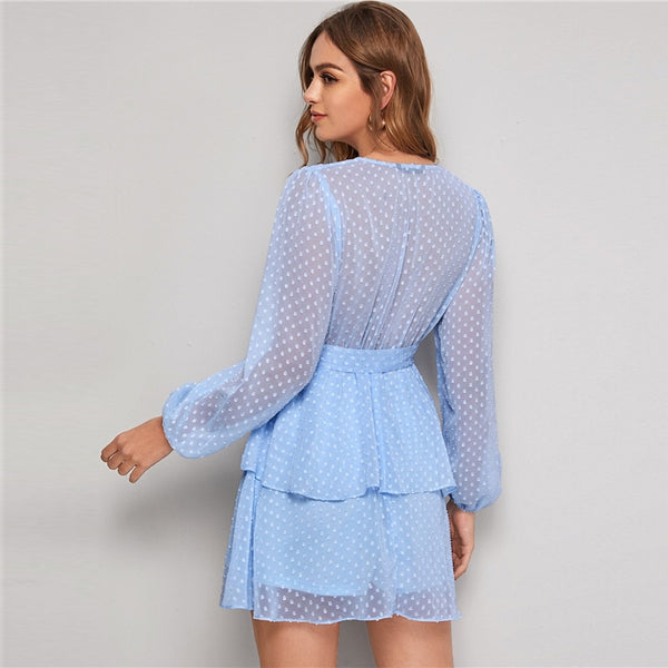Purple Deep V Neck Double Layer Hem Swiss Dot Dress Women Autumn Bishop Sleeve Sexy Ladies Belted Short Dresses | Vimost Shop.