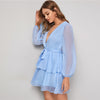 Purple Deep V Neck Double Layer Hem Swiss Dot Dress Women Autumn Bishop Sleeve Sexy Ladies Belted Short Dresses | Vimost Shop.