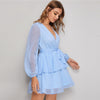 Purple Deep V Neck Double Layer Hem Swiss Dot Dress Women Autumn Bishop Sleeve Sexy Ladies Belted Short Dresses | Vimost Shop.