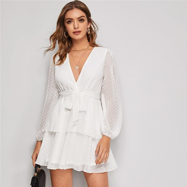 Purple Deep V Neck Double Layer Hem Swiss Dot Dress Women Autumn Bishop Sleeve Sexy Ladies Belted Short Dresses | Vimost Shop.