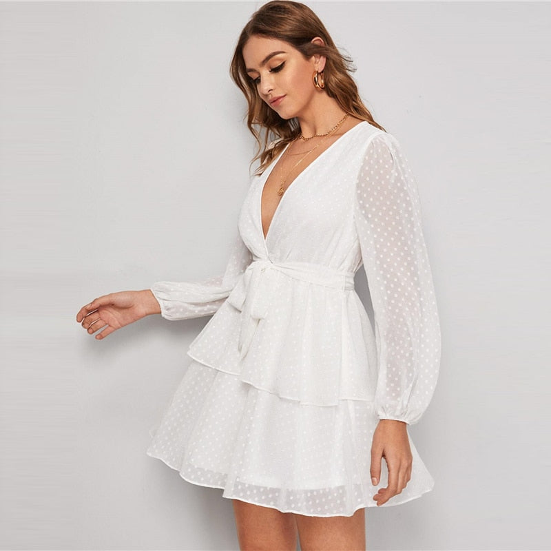 Purple Deep V Neck Double Layer Hem Swiss Dot Dress Women Autumn Bishop Sleeve Sexy Ladies Belted Short Dresses | Vimost Shop.