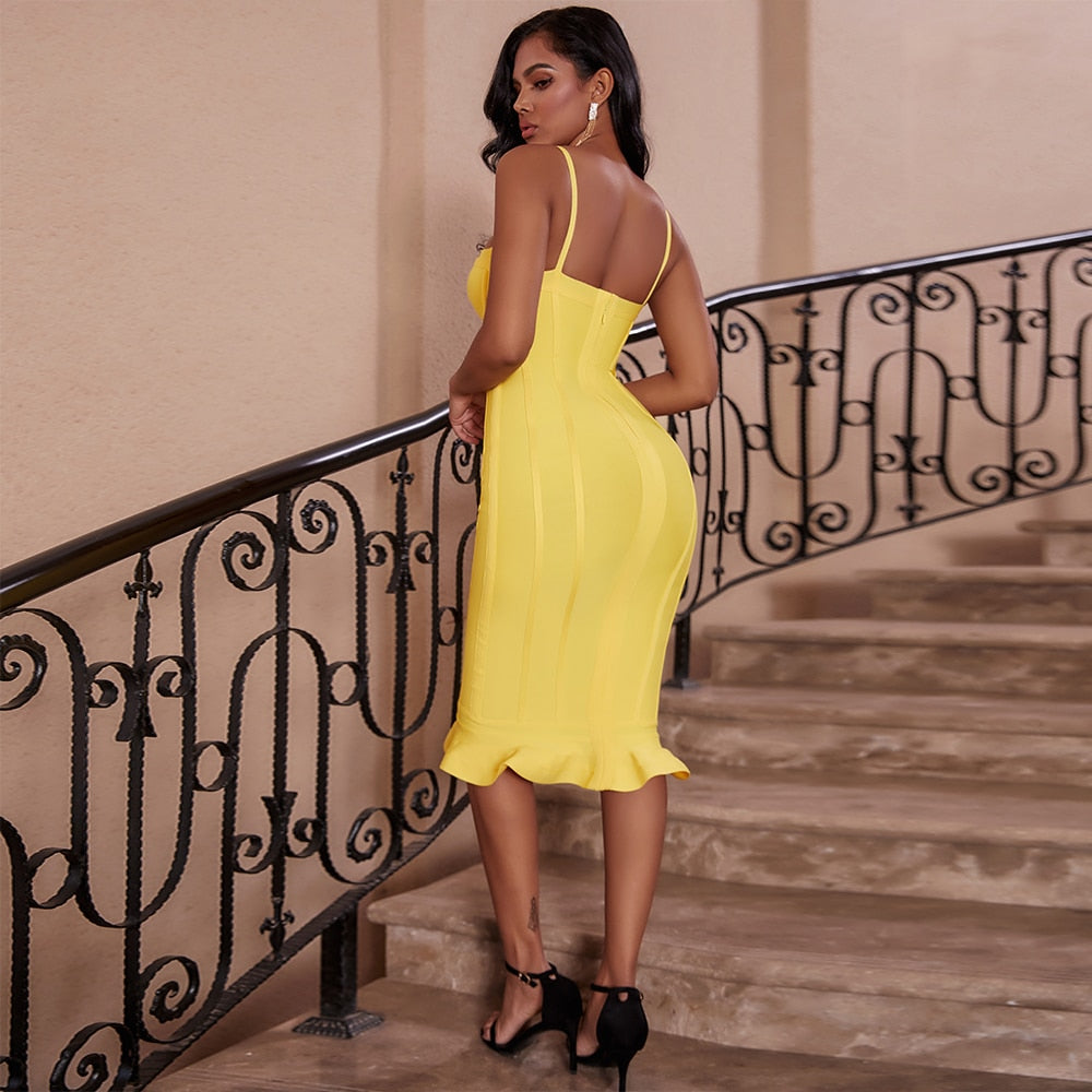 Women Lemon Yellow Fluted Bustier Mermaid Bandage Dress Sexy Club Party Dresss | Vimost Shop.