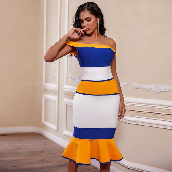New Arrivals Bandage Dresses Off Shoulder Celebrity Bandage Dresses Yellow  Mermaid Party Dresses | Vimost Shop.