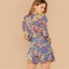 Allover Botanical Print Gigot Sleeve Layered Hem Chiffon Dress Women Spring O-neck High Waist Short A Line Boho Dresses | Vimost Shop.