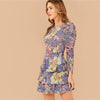 Allover Botanical Print Gigot Sleeve Layered Hem Chiffon Dress Women Spring O-neck High Waist Short A Line Boho Dresses | Vimost Shop.
