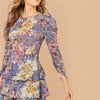 Allover Botanical Print Gigot Sleeve Layered Hem Chiffon Dress Women Spring O-neck High Waist Short A Line Boho Dresses | Vimost Shop.