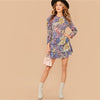 Allover Botanical Print Gigot Sleeve Layered Hem Chiffon Dress Women Spring O-neck High Waist Short A Line Boho Dresses | Vimost Shop.
