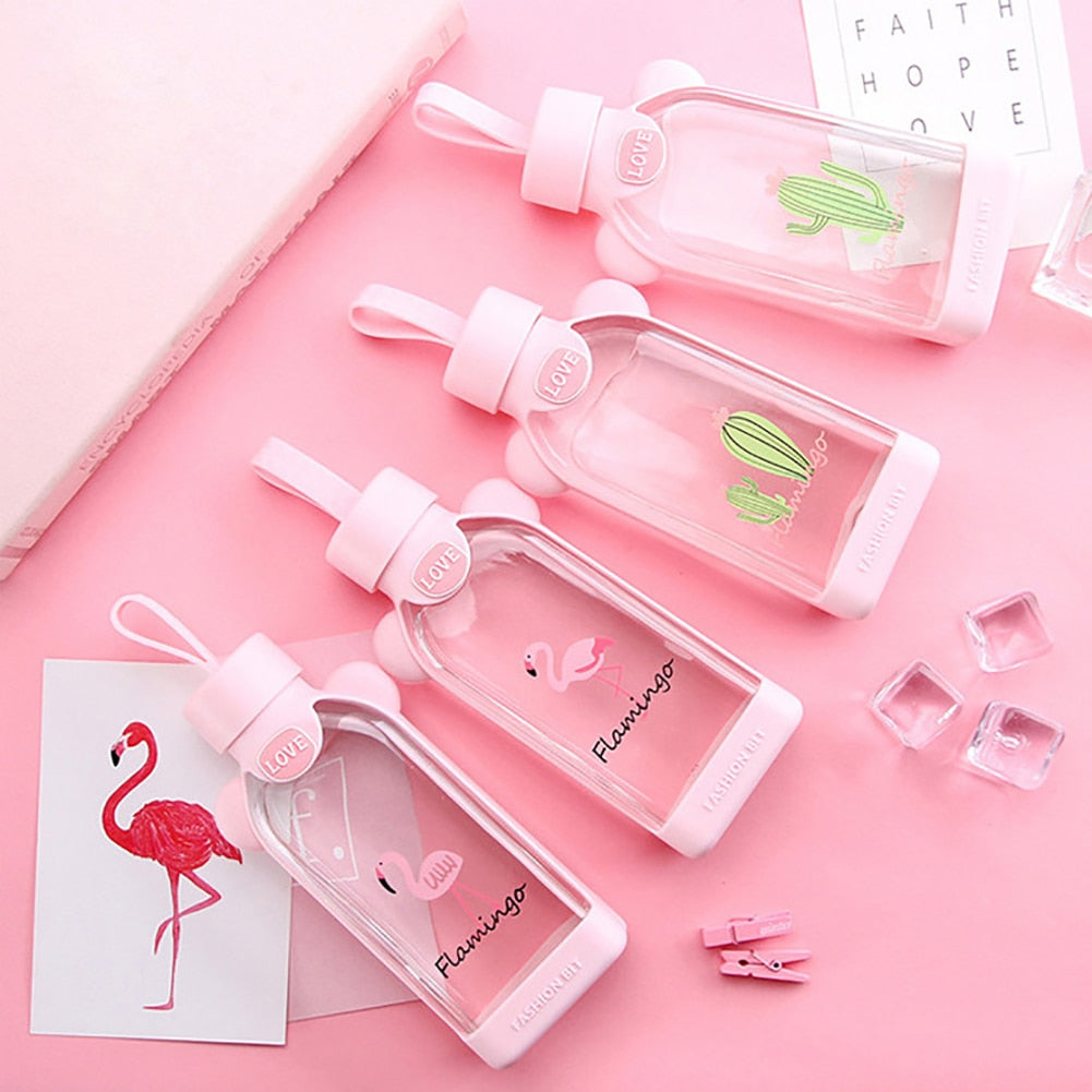 350ml Square Cartoon Flamingo/Cactus/Sakura Glass Drinking Water Bottle Cup Good heat resistance with cloth protection cover. | Vimost Shop.