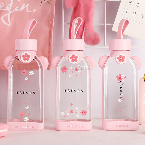 350ml Square Cartoon Flamingo/Cactus/Sakura Glass Drinking Water Bottle Cup Good heat resistance with cloth protection cover. | Vimost Shop.