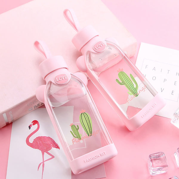 350ml Square Cartoon Flamingo/Cactus/Sakura Glass Drinking Water Bottle Cup Good heat resistance with cloth protection cover. | Vimost Shop.
