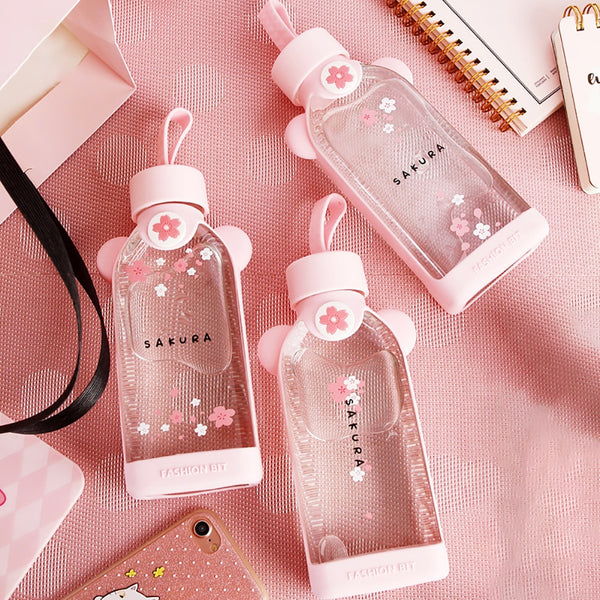 350ml Square Cartoon Flamingo/Cactus/Sakura Glass Drinking Water Bottle Cup Good heat resistance with cloth protection cover. | Vimost Shop.