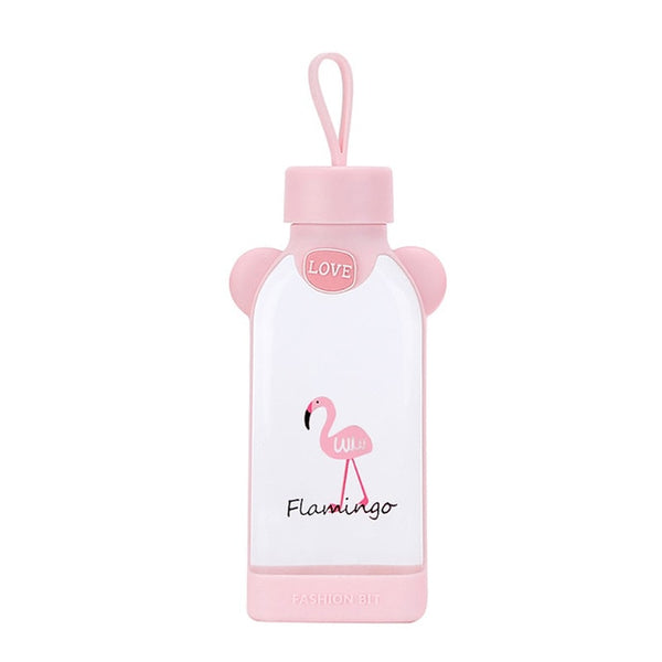350ml Square Cartoon Flamingo/Cactus/Sakura Glass Drinking Water Bottle Cup Good heat resistance with cloth protection cover. | Vimost Shop.