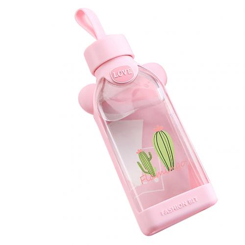 350ml Square Cartoon Flamingo/Cactus/Sakura Glass Drinking Water Bottle Cup Good heat resistance with cloth protection cover. | Vimost Shop.