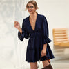 Solid Deep V Neck Frill Trim Sexy Flared Dress Women Spring Flounce Sleeve Open Back High Waist A Line Short Dresses | Vimost Shop.