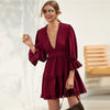 Solid Deep V Neck Frill Trim Sexy Flared Dress Women Spring Flounce Sleeve Open Back High Waist A Line Short Dresses | Vimost Shop.