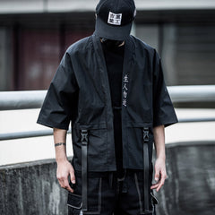 Harajuku Open Stitch Jackets Men Hip Hop Thin Coats Ribbons Japanese Style Male Seven-cent Sleeve Streetwear