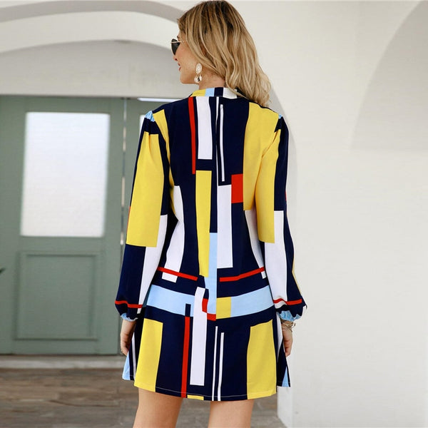 Geometric Print Notched Collar Casual Shirt Dress Women Spring Street Wear Long Sleeve Ladies Straight Short Dresses | Vimost Shop.