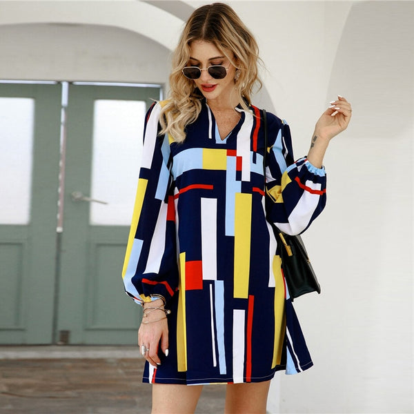 Geometric Print Notched Collar Casual Shirt Dress Women Spring Street Wear Long Sleeve Ladies Straight Short Dresses | Vimost Shop.