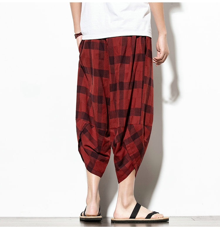 Streetwear Mens Cotton Beach Pants Male Summer Casual Calf-Length Pants Man Plaid Hip Hop Baggy Loose Trousers | Vimost Shop.