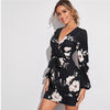 Surplice Neck Lantern Sleeve Self Belted Floral Pencil Dress Women High Waist Slim Fit Elegant Bodycon Short Dresses | Vimost Shop.