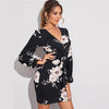 Surplice Neck Lantern Sleeve Self Belted Floral Pencil Dress Women High Waist Slim Fit Elegant Bodycon Short Dresses | Vimost Shop.
