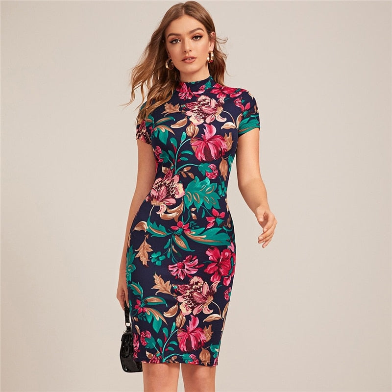 Multicolor Mock-Neck Form Fitted Floral Print Dress Cap Sleeve Bodycon Elegant Pencil Midi Dresses | Vimost Shop.