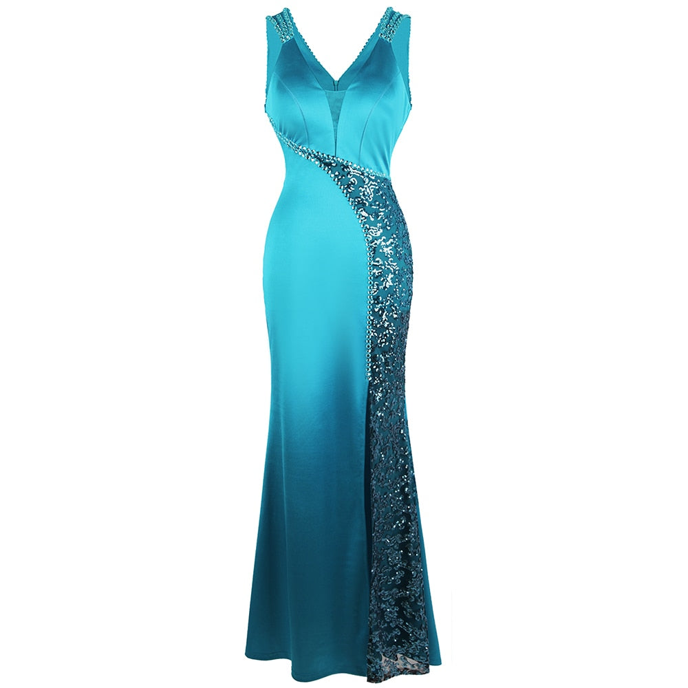 Women's V Neck Beading Sequin Splicing Evening Dresses Long Formal Party Gwon Ice-Snow Blue | Vimost Shop.