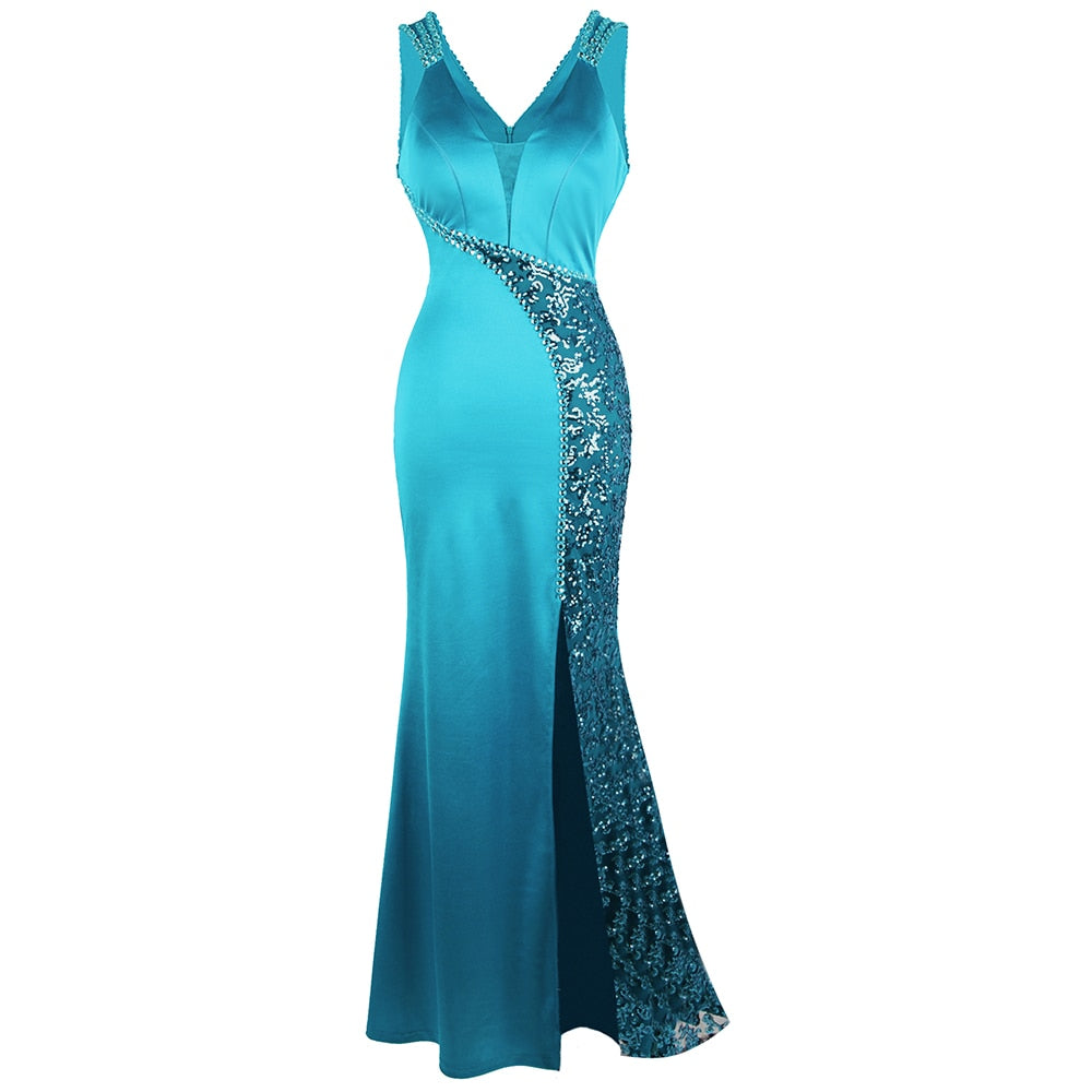 Women's V Neck Beading Sequin Splicing Evening Dresses Long Formal Party Gwon Ice-Snow Blue | Vimost Shop.
