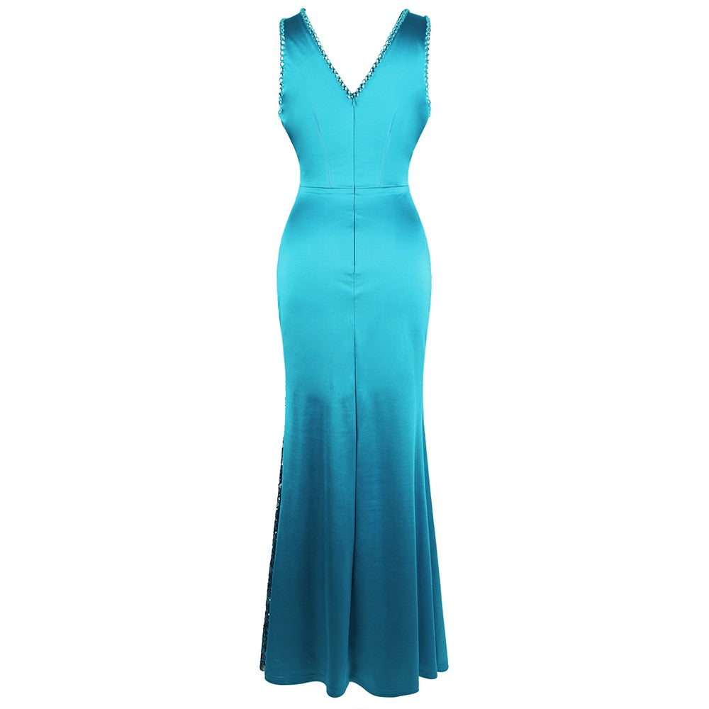 Women's V Neck Beading Sequin Splicing Evening Dresses Long Formal Party Gwon Ice-Snow Blue | Vimost Shop.