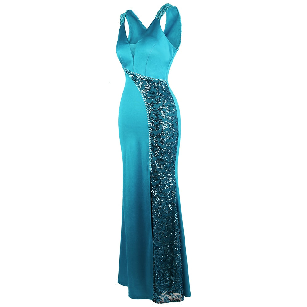 Women's V Neck Beading Sequin Splicing Evening Dresses Long Formal Party Gwon Ice-Snow Blue | Vimost Shop.