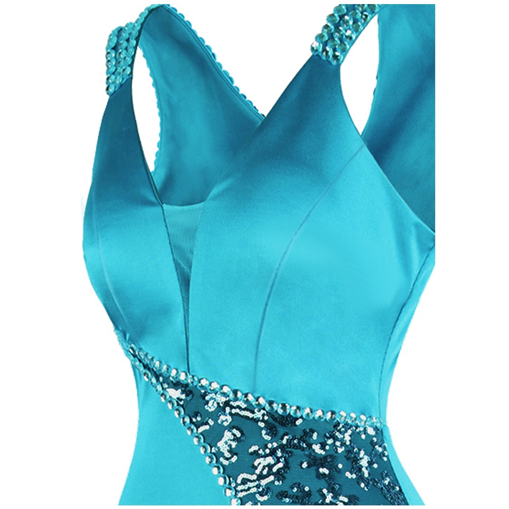 Women's V Neck Beading Sequin Splicing Evening Dresses Long Formal Party Gwon Ice-Snow Blue | Vimost Shop.