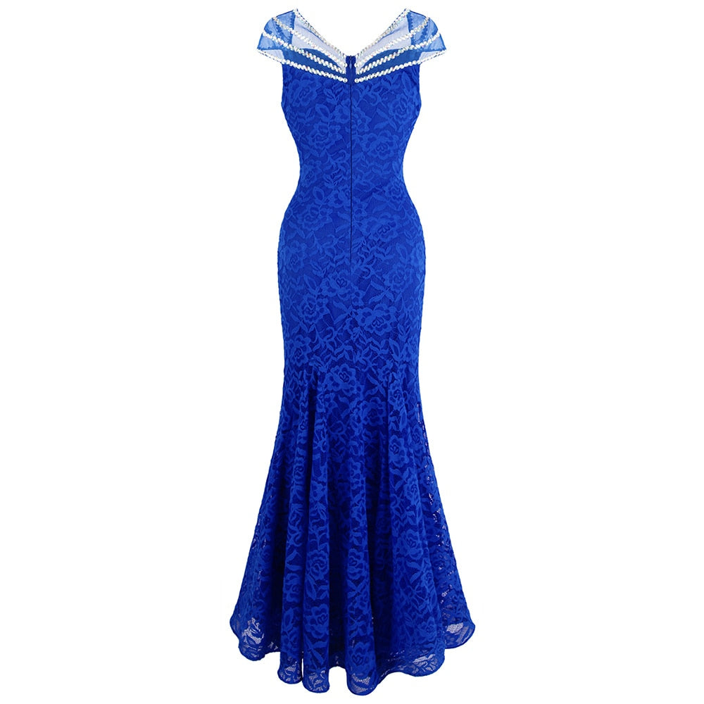 Women's Cap Sleeve Beading Lace Evening Dresses Long Mermaid Wedding Party Gown Blue | Vimost Shop.