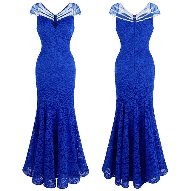 Women's Cap Sleeve Beading Lace Evening Dresses Long Mermaid Wedding Party Gown Blue | Vimost Shop.