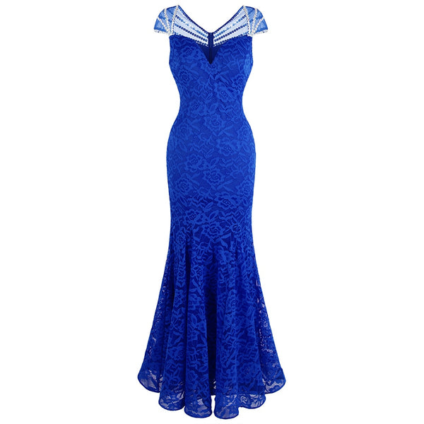 Women's Cap Sleeve Beading Lace Evening Dresses Long Mermaid Wedding Party Gown Blue | Vimost Shop.