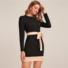 Two Tone Elegant Bodycon Dress With Belt Women Spring Long Sleeve Zipper Back High Waist Office Lady Short Pencil Dresses | Vimost Shop.