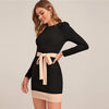 Two Tone Elegant Bodycon Dress With Belt Women Spring Long Sleeve Zipper Back High Waist Office Lady Short Pencil Dresses | Vimost Shop.
