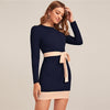 Two Tone Elegant Bodycon Dress With Belt Women Spring Long Sleeve Zipper Back High Waist Office Lady Short Pencil Dresses | Vimost Shop.