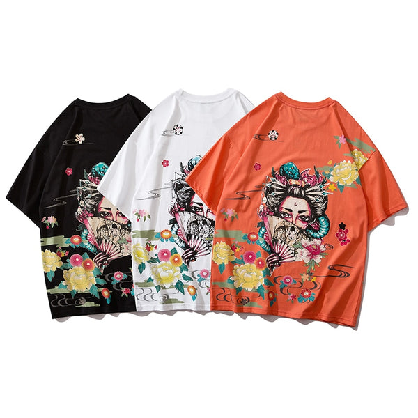 Japanese Geisha Tshirt Streetwear Short Sleeve T Shirt Japan Cotton Tops Tees Men Harajuku Hip Hop T-Shirt | Vimost Shop.