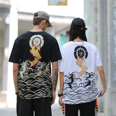 Harajuku Japanese Style Tshirt Hip Hop Street T Shirt Carp Waves Print T-shirt Summer Men Cotton Short Sleeved Tees