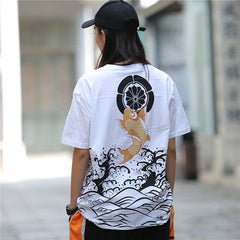 Harajuku Japanese Style Tshirt Hip Hop Street T Shirt Carp Waves Print T-shirt Summer Men Cotton Short Sleeved Tees