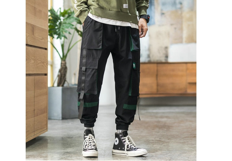 Streetwear Hip Hop Cargo Pants Spring Autumn Mens Baggy Pockets Ribbon Joggers Pants Men Japanes Style Black Harem Pants | Vimost Shop.