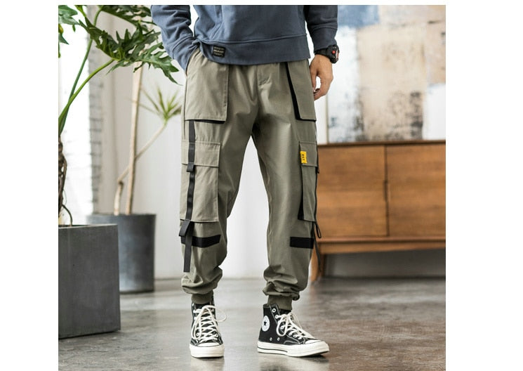 Streetwear Hip Hop Cargo Pants Spring Autumn Mens Baggy Pockets Ribbon Joggers Pants Men Japanes Style Black Harem Pants | Vimost Shop.