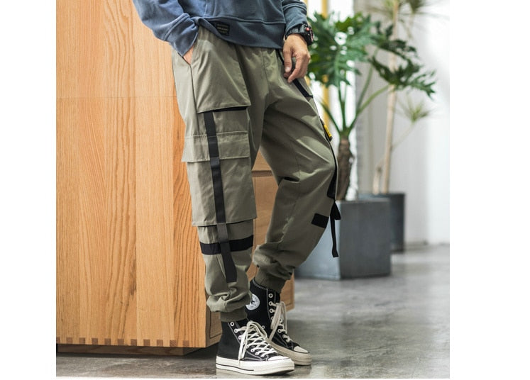 Streetwear Hip Hop Cargo Pants Spring Autumn Mens Baggy Pockets Ribbon Joggers Pants Men Japanes Style Black Harem Pants | Vimost Shop.