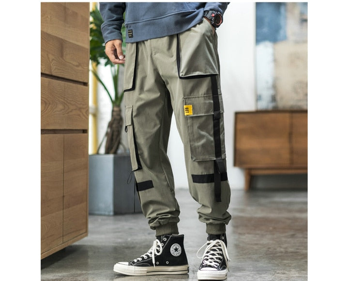 Streetwear Hip Hop Cargo Pants Spring Autumn Mens Baggy Pockets Ribbon Joggers Pants Men Japanes Style Black Harem Pants | Vimost Shop.