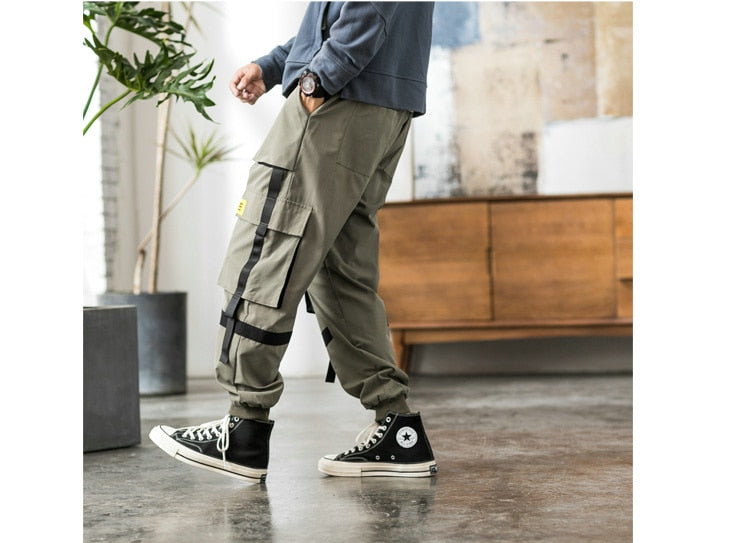 Streetwear Hip Hop Cargo Pants Spring Autumn Mens Baggy Pockets Ribbon Joggers Pants Men Japanes Style Black Harem Pants | Vimost Shop.