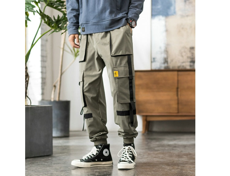Streetwear Hip Hop Cargo Pants Spring Autumn Mens Baggy Pockets Ribbon Joggers Pants Men Japanes Style Black Harem Pants | Vimost Shop.