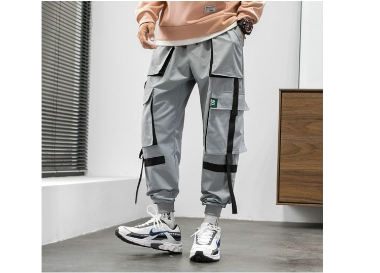 Streetwear Hip Hop Cargo Pants Spring Autumn Mens Baggy Pockets Ribbon Joggers Pants Men Japanes Style Black Harem Pants | Vimost Shop.
